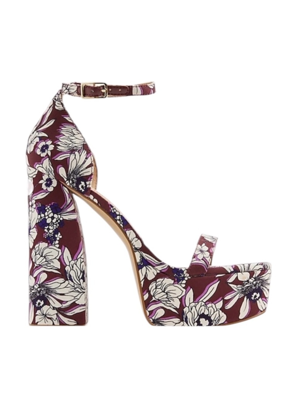 Express Platform Ankle-Strap Floral Heeled Sandals in Plum Size 7